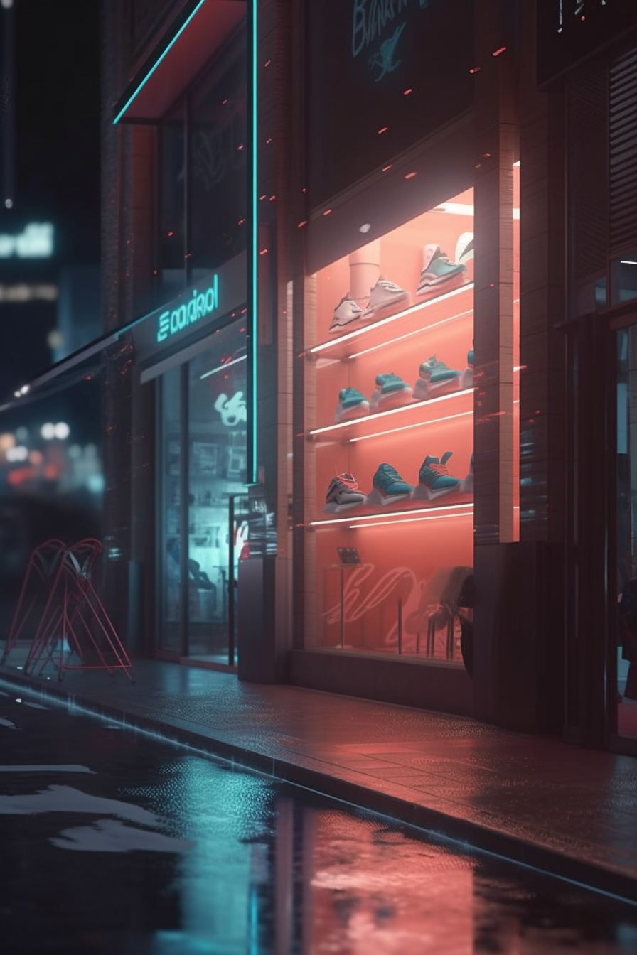 Ai Generated art of the entrance of a shoe store, at night.